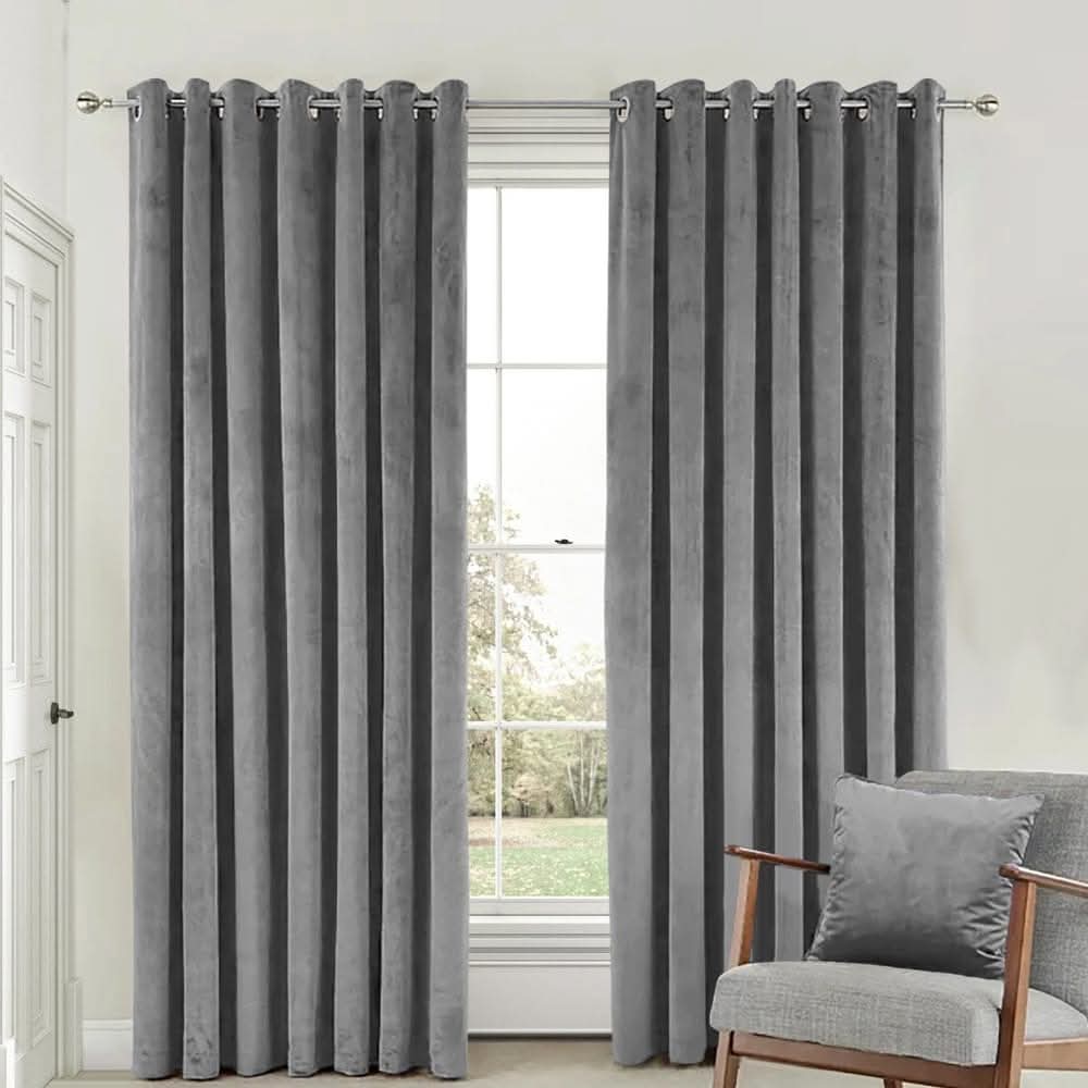 2 Pieces Plain Dyed Velvet Eyelet Curtains