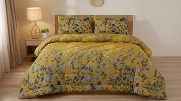 Mustard Yellow Botanical Leaf Printed Double Bed Comforter Set