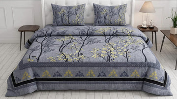 Grey and Yellow Tree Floral Printed Double Bed Comforter Set