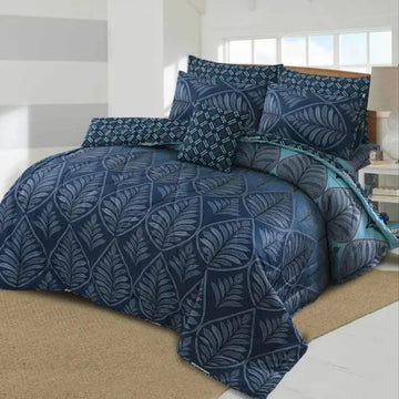 Royal Blue Feather Leaf Patterned Comforter Set