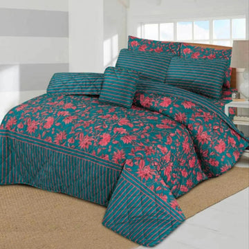 Deep Teal Floral Garden Printed Quilted Comforter Set