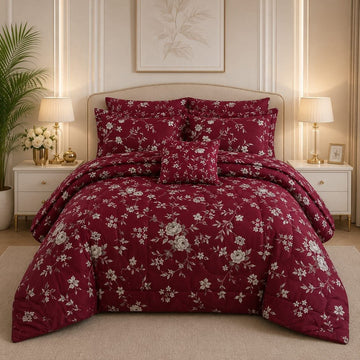 Magenta Damask / Paisley Printed Double Bed Comforter Set