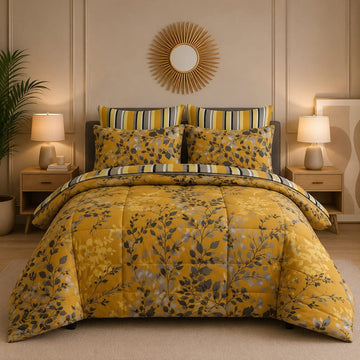 Mustard Yellow Botanical Leaf Printed Double Bed Comforter Set
