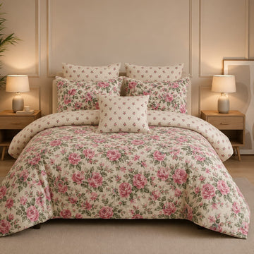 Cream and Pink Rose Floral Printed Double Bed Comforter Set