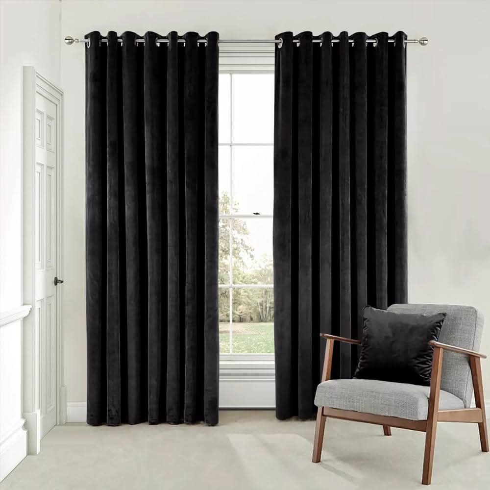 2 Pieces Plain Dyed Velvet Eyelet Curtains